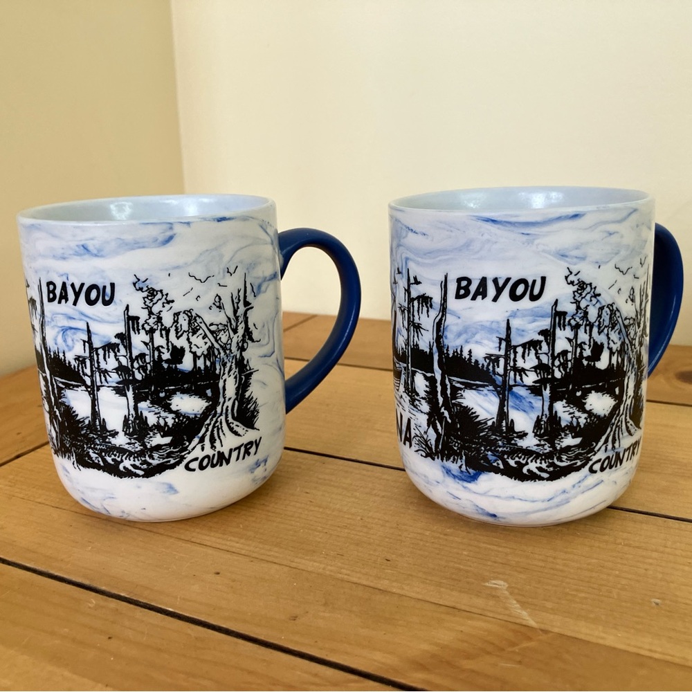 Bayou Country Louisiana Coffee Mug Vintage Set of 2 Ceramic Cups Blue Handle 8oz